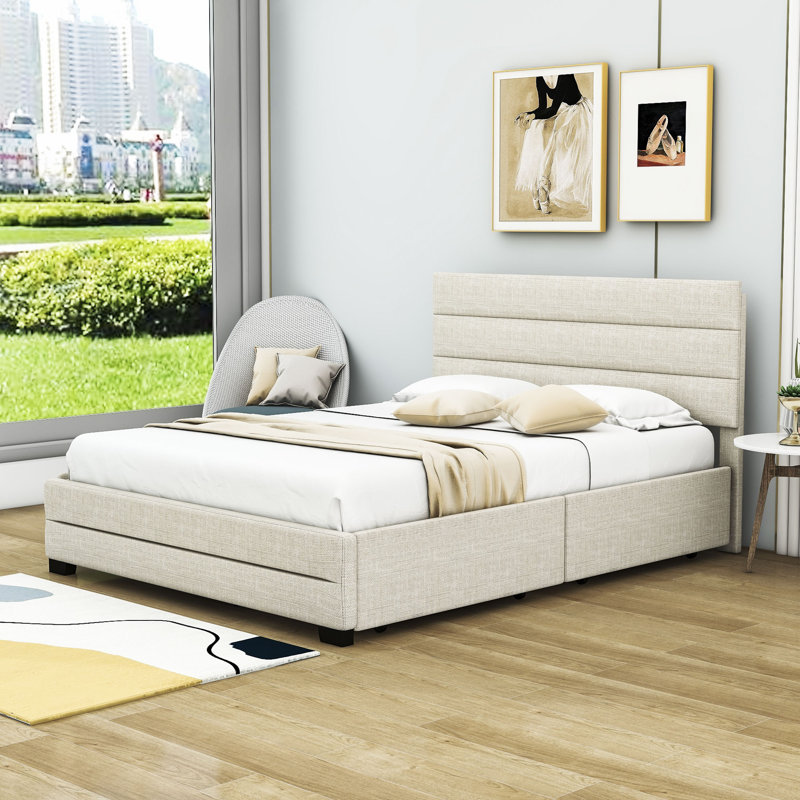 Mashli Queen Size 2 Drawers Upholstered Platform Bed with Twin Size Trundle, Gray