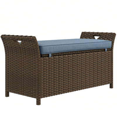 27 Gallon Dark Blue Patio Storage Box Bench, Outdoor Pe With Cushion And Handles For Functionality Capacity Handles, Rectangular Garden Fun Time by Ebern Designs