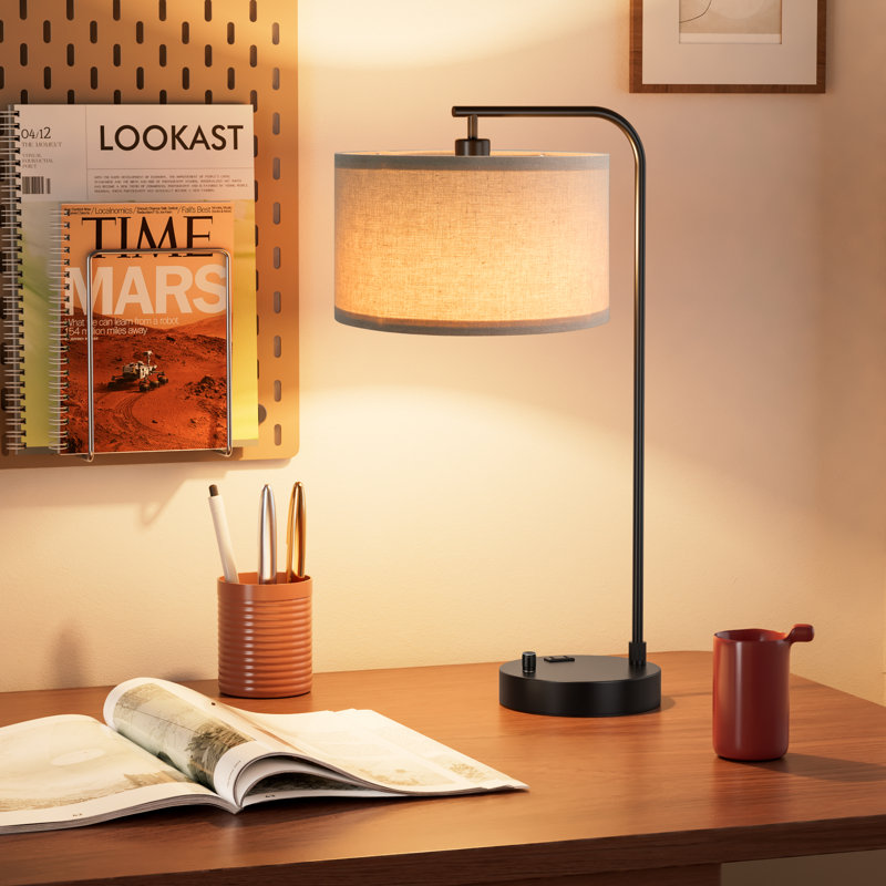 20.7'' Modern Black Table Lamp with Dimming Knob, AC Outlet and USB A&C, Black+Beige