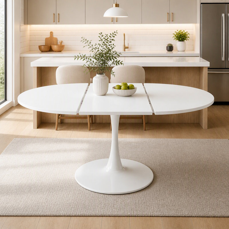 Table de salle à manger ronde extensible avec piédestal en métal, White