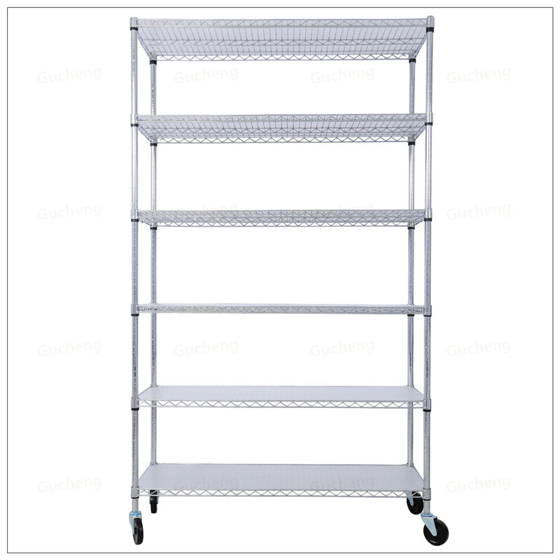 Étagère en métal robuste à 6 niveaux avec tablettes réglables, roulettes et doublures durables pour un rangement polyvalent
