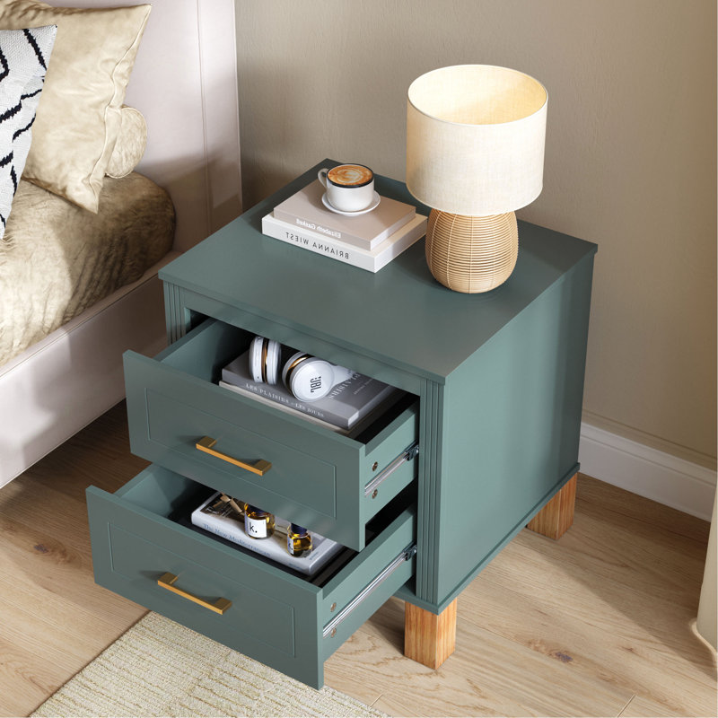 Table de chevet 2 tiroirs, rangement en bois de qualité supérieure avec design cannelé élégant, table de chevet à pieds en bois massif avec poignée en métal, grande table de chevet pour le salon de la chambre à coucher, bleu