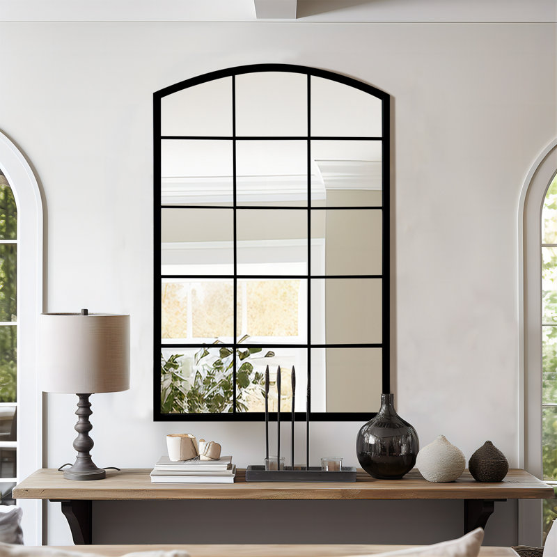 Modern Farmhouse 36" x 24" Black Metal Arched Windowpane Mirror