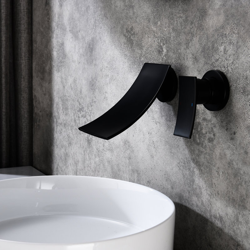 Robinet de salle de bain mural en noir mat, bec d'aspect large en cascade, débit d'eau précis et contrôle de la température, raccord noir fixé pour la salle de bain, règlement large exact, convient aux lavabos