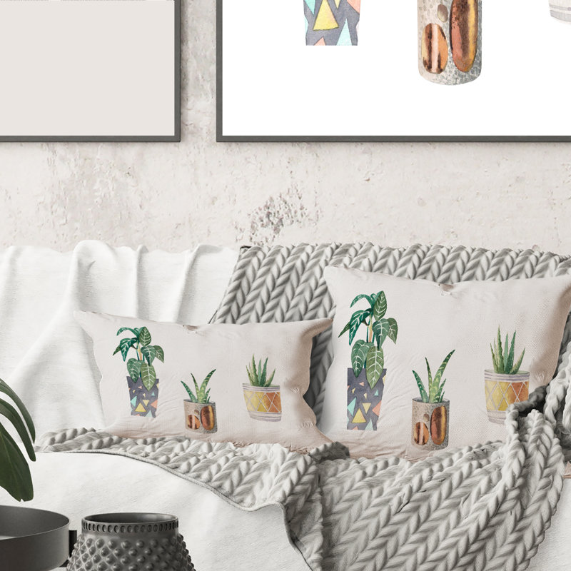 Carré, trois plantes d'intérieur en pot - Coussin décoratif à imprimé traditionnel, 18" x 18"