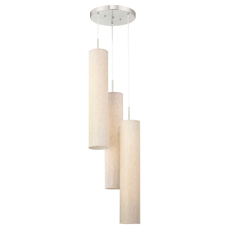 Luminaire suspendu cylindre grappe 6 lumières Jannon, Nickel brossé, Écru
