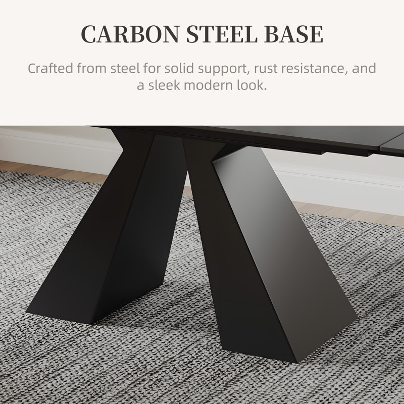 Table de salle à manger extensible en pierre frittée noire matte de 63 à 95 po pour 4 à 10 personnes avec pieds en acier noir