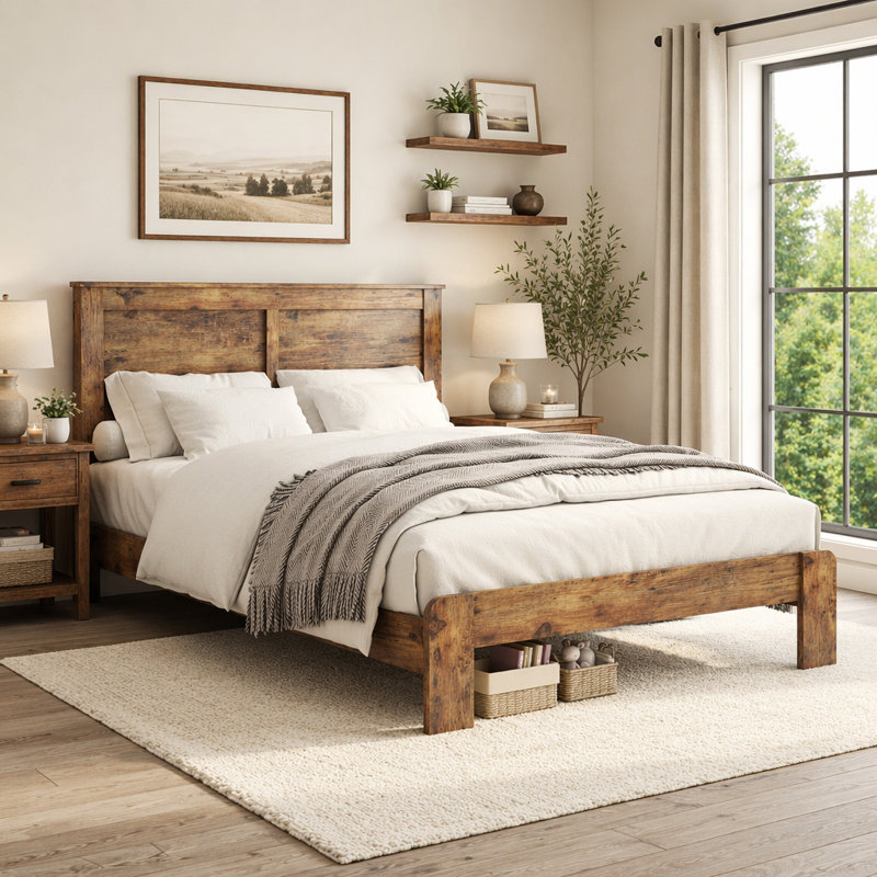 Base de lit, structure de lit plateforme en bois massif industriel, support de lattes en bois silencieux, grand espace de rangement sous le lit, aucun sommier requis, assemblage facile, base de lit robuste pour la chambre à coucher (sans matelas)