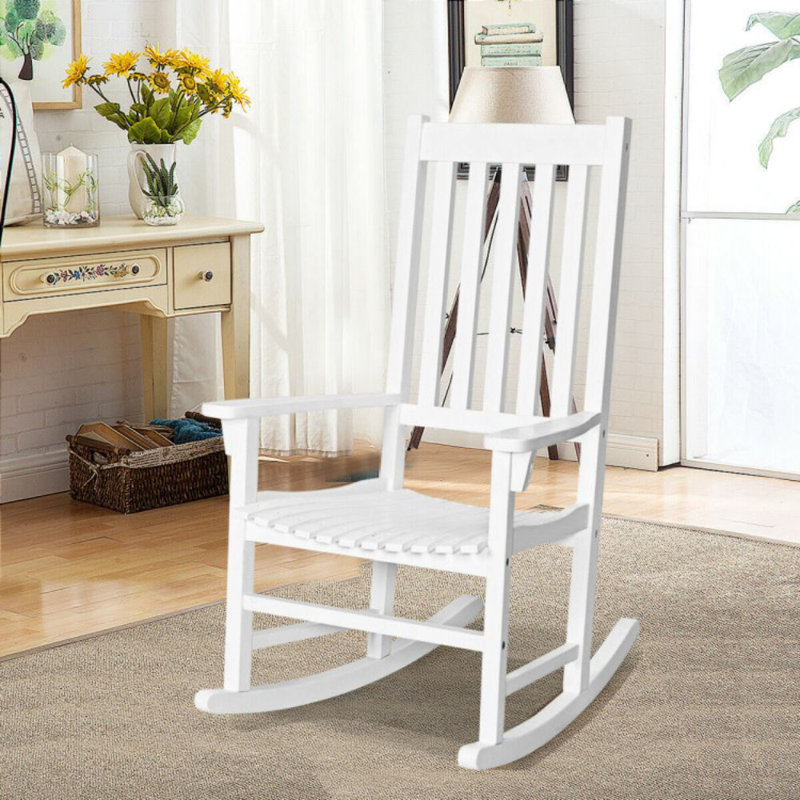 White Acacia Wood High Back Patio Rocking Chair