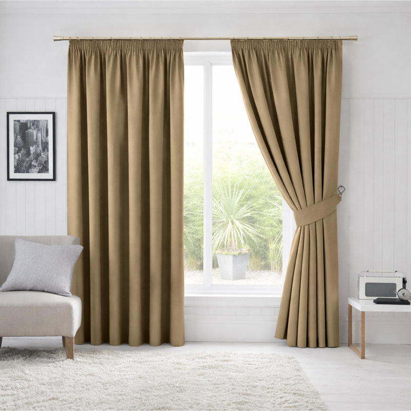 260 GSM Blackout Pencil Pleated Thermal Curtain (Set Of 2), 228cm Width x 183cm Drop, Beige