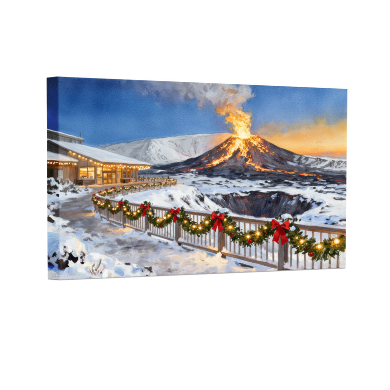 Paysage de Noël enneigé avec volcan et décorations de Noël, ensemble de 3 impressions sur toile, H 16 po x l 24 po