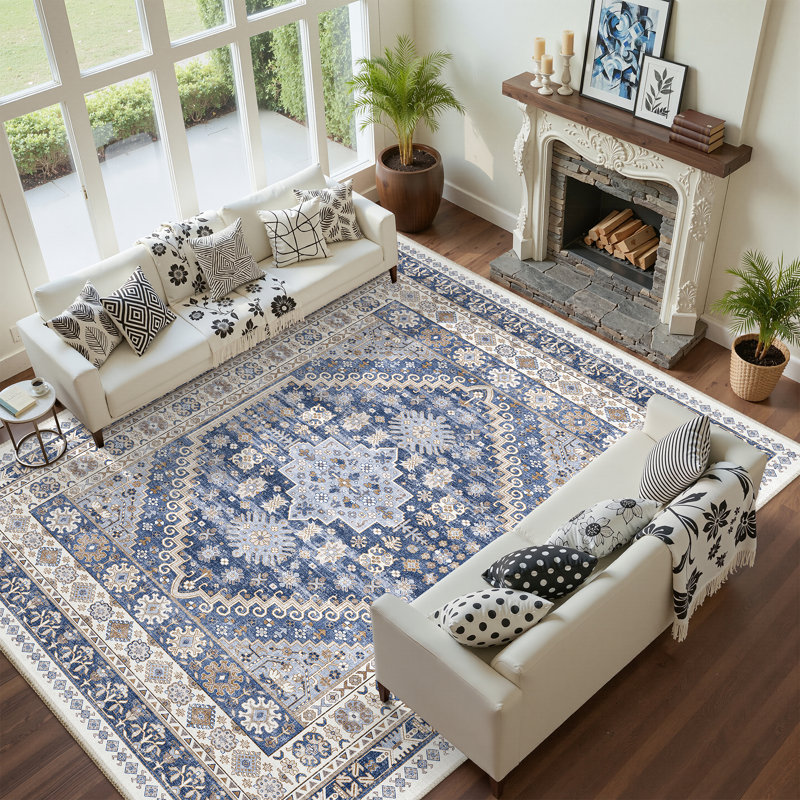Malaika Machine-Washable Non-Slip Medallion Area Rug, Rectangle 9' x 12', Blue