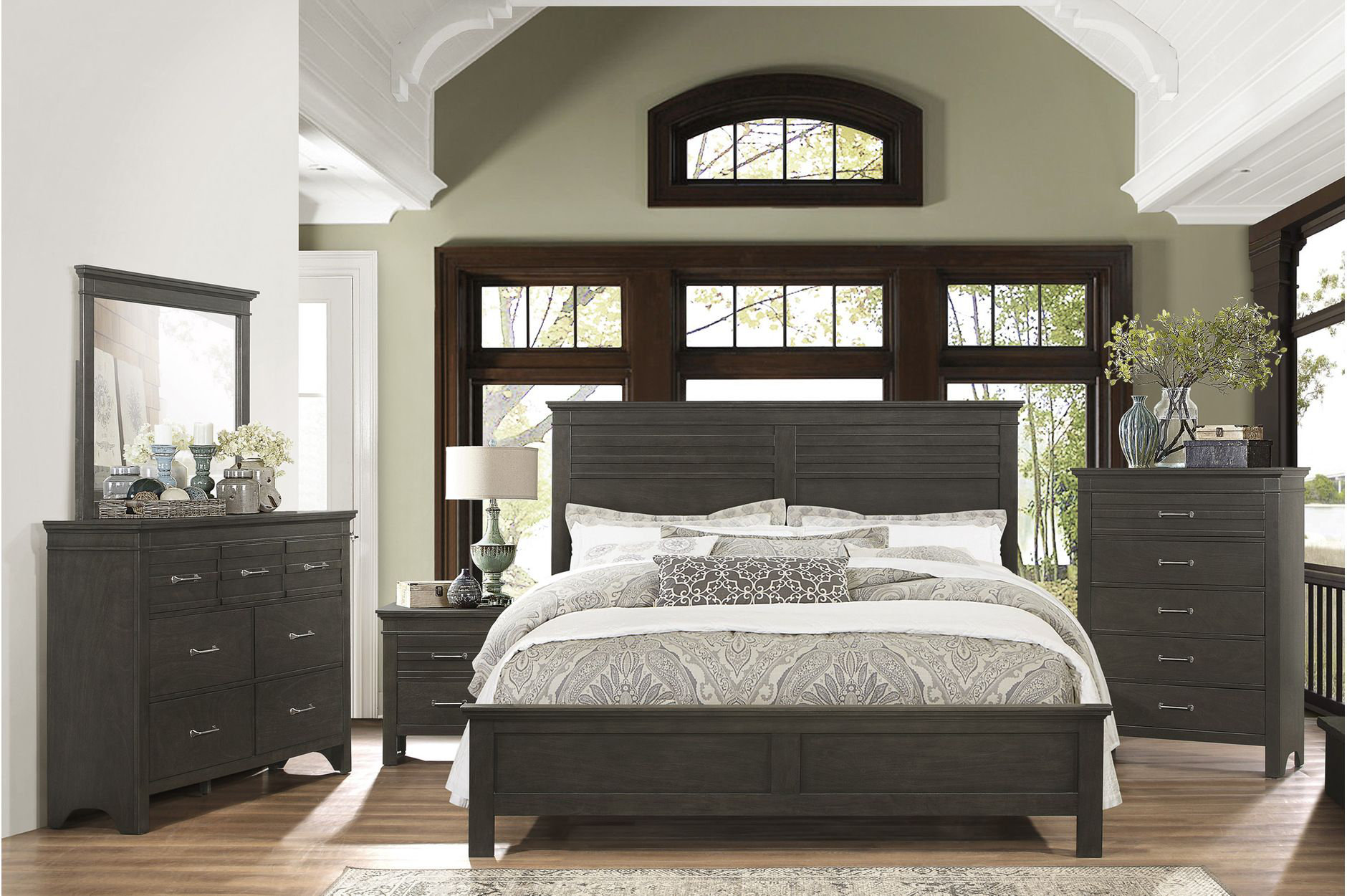 Wildon Home® Enrika Farm-Charcoal Gray Okume Veneer Panel Bedroom Set 6 ...