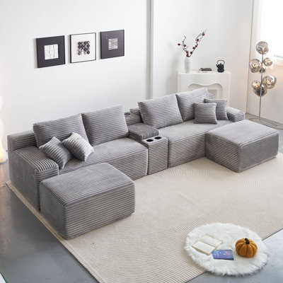 Bonless 150''width 5-piece Comfy U-shaped Sofa Couch Sectional Upholstered Corduroy For Living Room Free Combination,Console, Cup Holders, USB Ports,Bluetooth Speaker