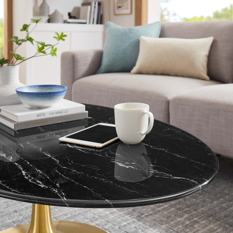 Lippa Oval Artificial Marble Coffee Table, Gold, 15.5" H x 48" L x 27.5" W