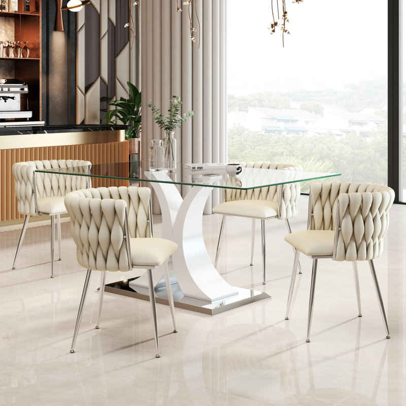 Ensemble de salle à manger moderne à piédestal rectangulaire en verre trempé avec chaise tissée en velours, Ivoire, Blanc