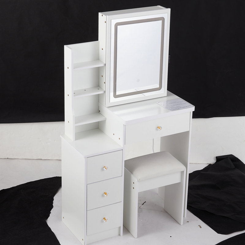 Petite coiffeuse avec miroir de chevet gauche 29,2 po + tabouret rembourré avec grand miroir, commande tactile, interrupteur 3 couleurs, miroir à luminosité réglable, rangement grande capacité
