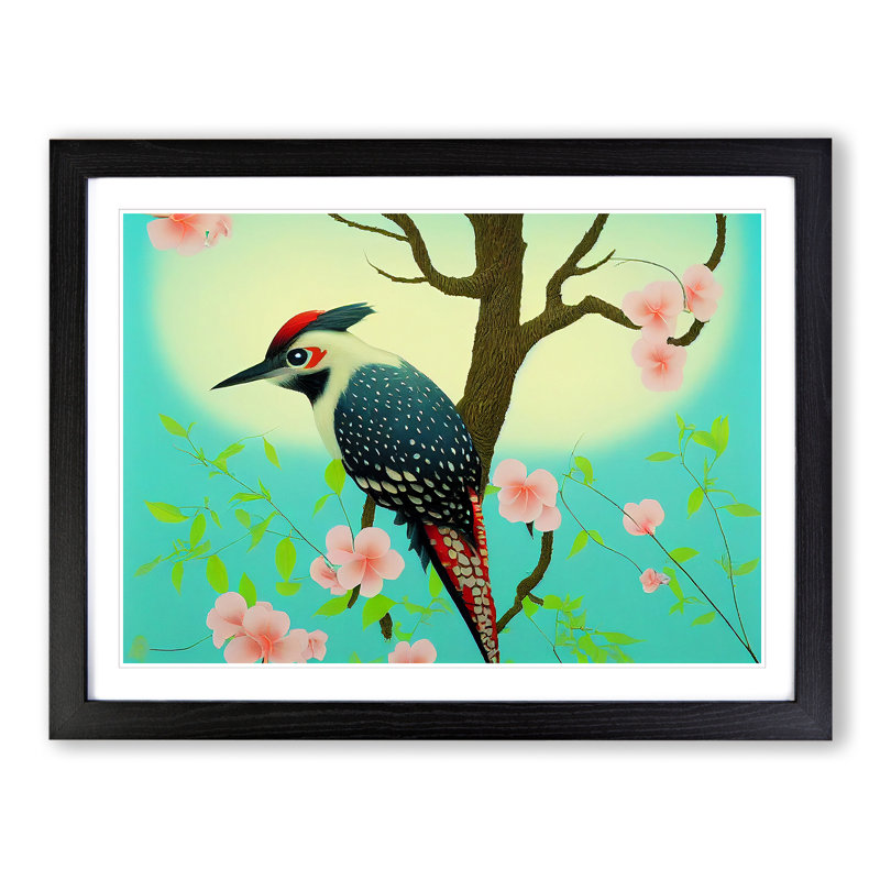 Breathtaking Woodpecker Bird - Single Picture Frame Painting, Black Framed, 46cm H x 64cm W x 2cm D