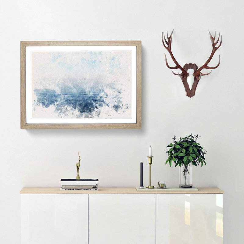 Calm Horizon - Single Picture Frame Rectangle Painting on MDF, 40cm H x 60cm W x 2cm D, Oak Framed