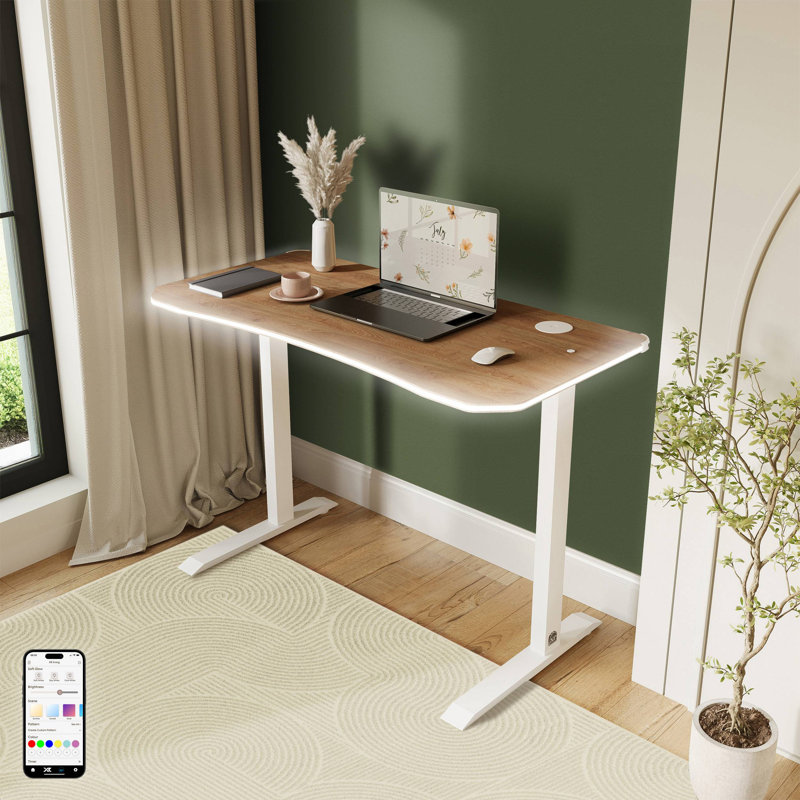XR Living Oka Office Desk with Wireless Charging and App Controlled RGB LED Lights - Oak, 75" H x 55" W x 110" D