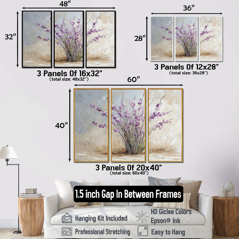 Bouquet de lavande minimaliste - art mural lavande - 3 panneaux, H 28 po x l 36 po, Noir