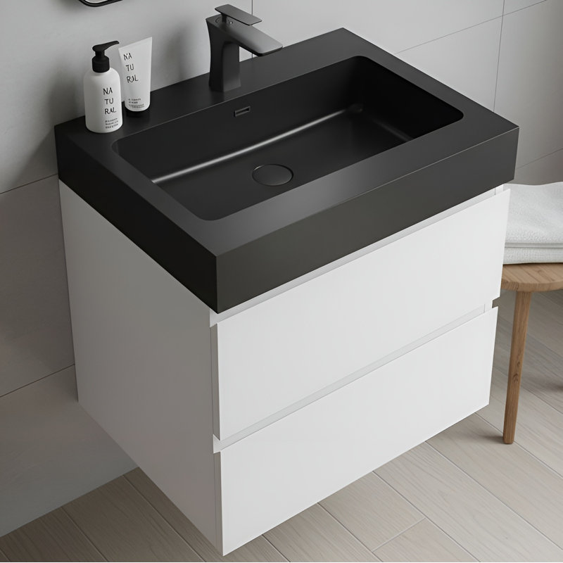Meuble-lavabo simple mural 24 po avec surface solide avec trop-plein, 24 po, pré-assemblé, Noir mat, 24", Blanc