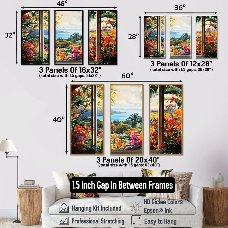 «Tropical Windows View Blooms 4 - Coastal Windows», art mural, H 28 po x l 36 po, Cadre flottant noir