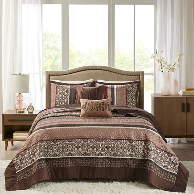 Literie réversible 5 pièces Red King - élégante feuille géométrique et motif à médaillon, 100% avec revers de couleur unie, comprend 1 couvre-lit, 2 taies décoratives, coussins décoratifs, lit lavable à la machine, facile d'entretien