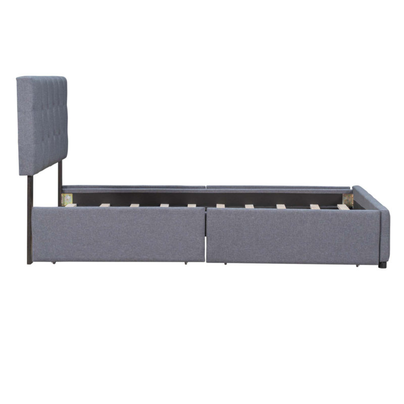 Lit plateforme tapissier avec tête de lit classique, 4 tiroirs de rangement et aucun sommier tapissier, tissu en lin
