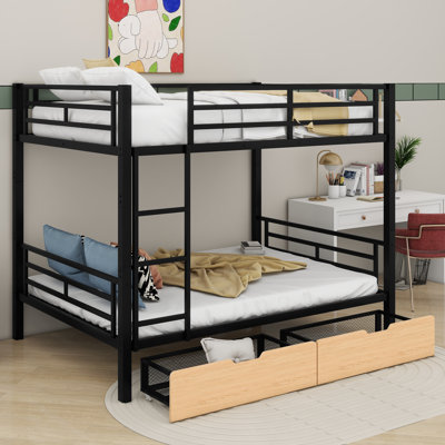 Full-Sized Metal Convertible Bunk Bed With Two Built-In Drawers
