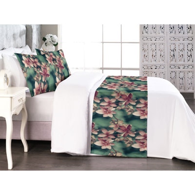 Ambesonne Spring Bed Runner Set Sakura Seasonal Branches Art Teal Rose and Pink