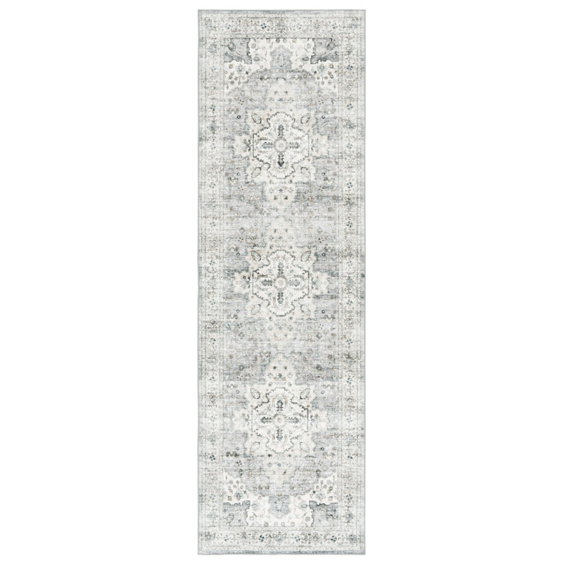 Lonon Oriental Machine Woven Polyester Area Rug in Light Gray/Beige, Runner 2'6" x 6"