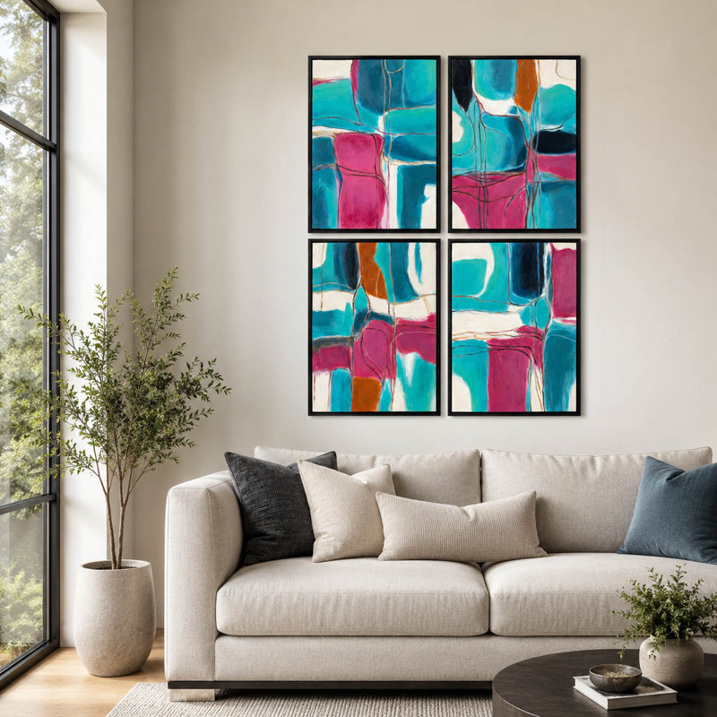 Abstract Colorful Canvas Wall Art for Home Office - Modern Decor Print Artwork and Shadow Box for Living Room Decor - Set of 4, 24", Blue & Pink