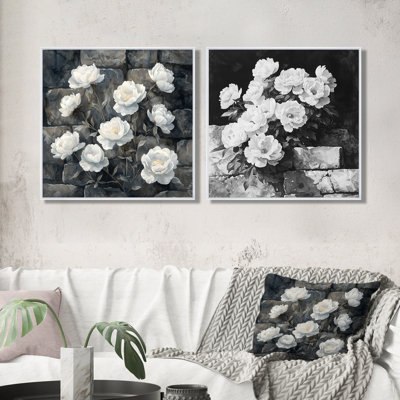 2 pivoines monochromes sur le rocher I - décoration murale pivoines - art mural traditionnel 2 pièces