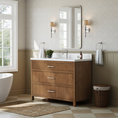 Meuble-lavabo simple 48 po Isola en chêne scandinave, comptoir en quartz blanc, lavabo carré encastré (1 trou), garniture bronze satiné