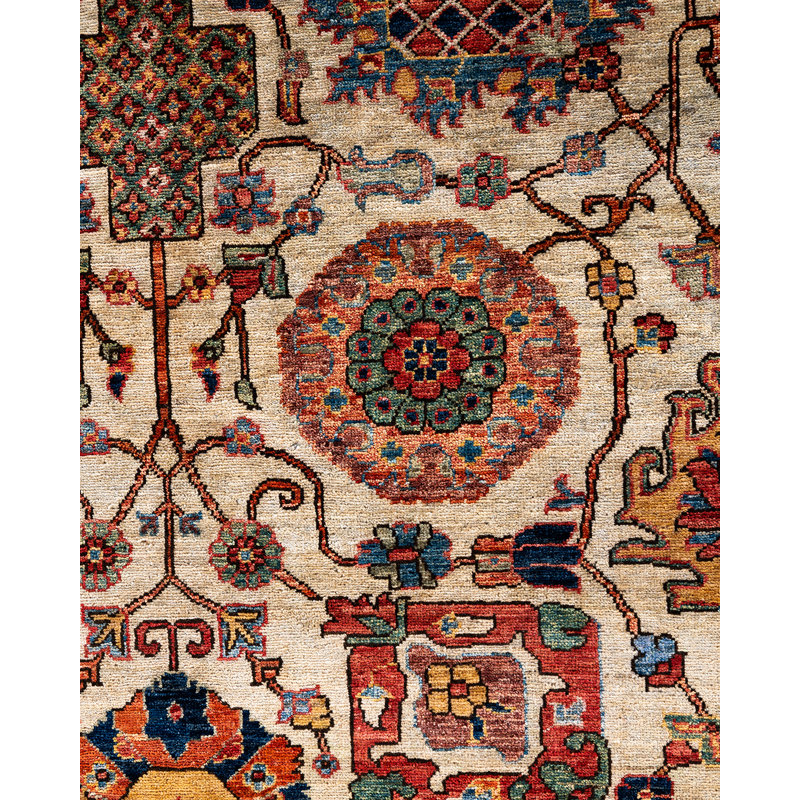 Hand-Knotted Geometric Wool Area Rug in Beige and Red