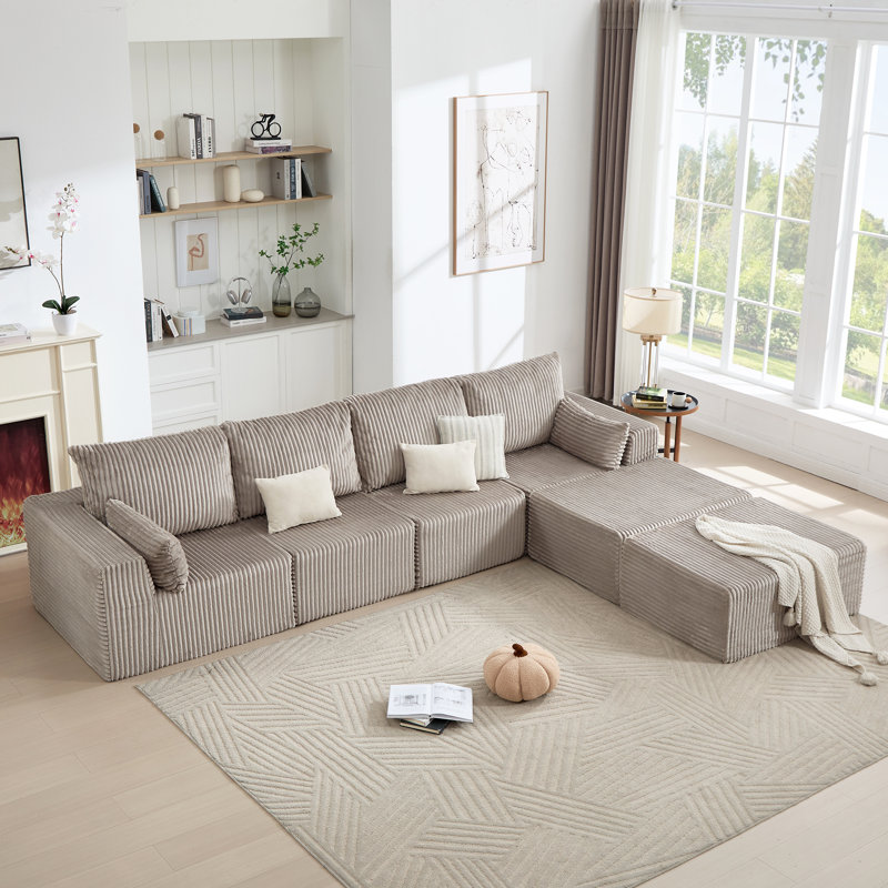 6-Piece Upholstered Boneless Sectional Corduroy Modular Sofa With Ottoman, Light Gray Corduroy