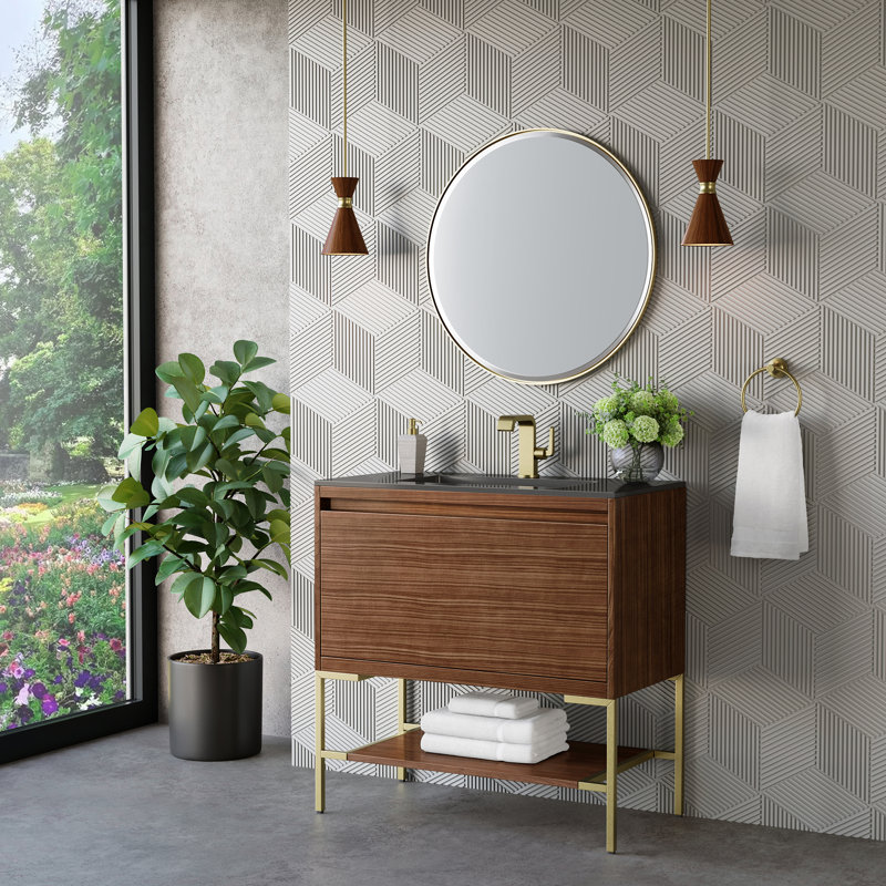 Mantova 35.5'' W Single Vanity, Mid Century Walnut/Champagne Brass, Charcoal Black