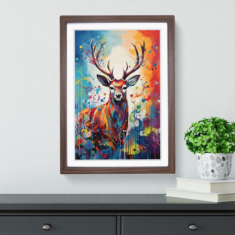 Deer Expressionism - Single Picture Frame Print on Wood, 64cm H x 46cm W, Walnut Framed