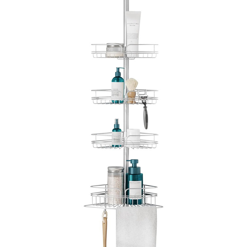 Zenna Home Tension Pole Corner Shower Caddy - Chrome - Adjustable 4-Basket Standing Organizer With Built-In Towel Bar, Rust-Resistant Bathroom Tension Rod Storage