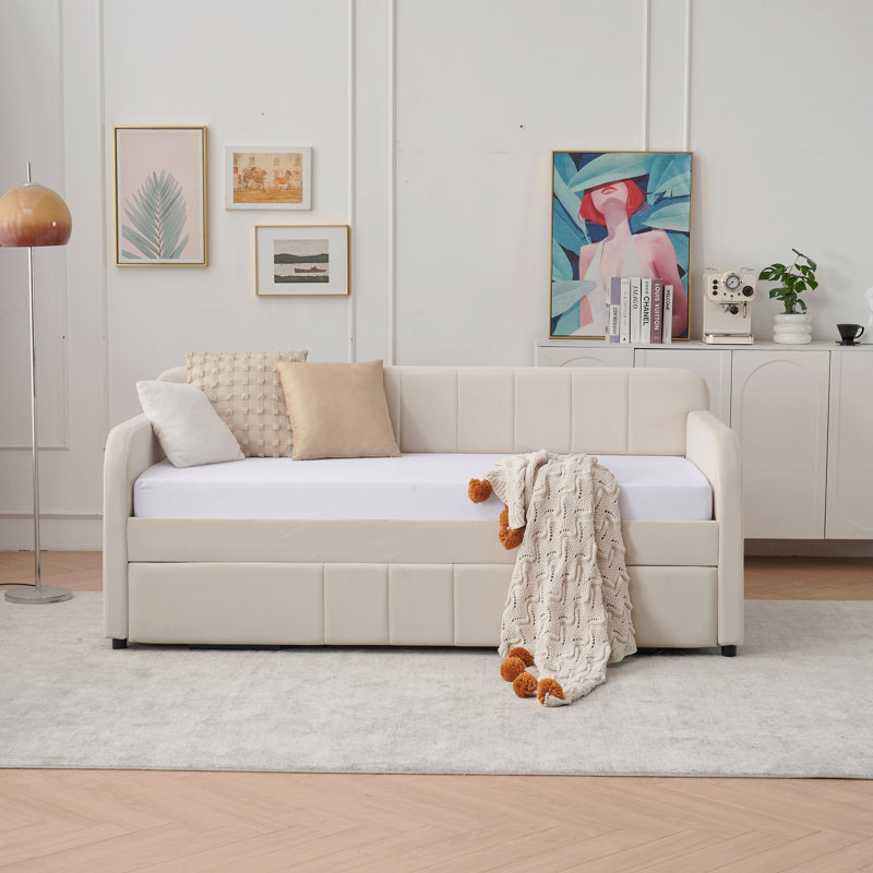 Lit de jour rembourré, structure de lit de jour simple avec lit gigogne, canapé-lit simple pour chambre d'amis dans le salon, support à lattes de bois