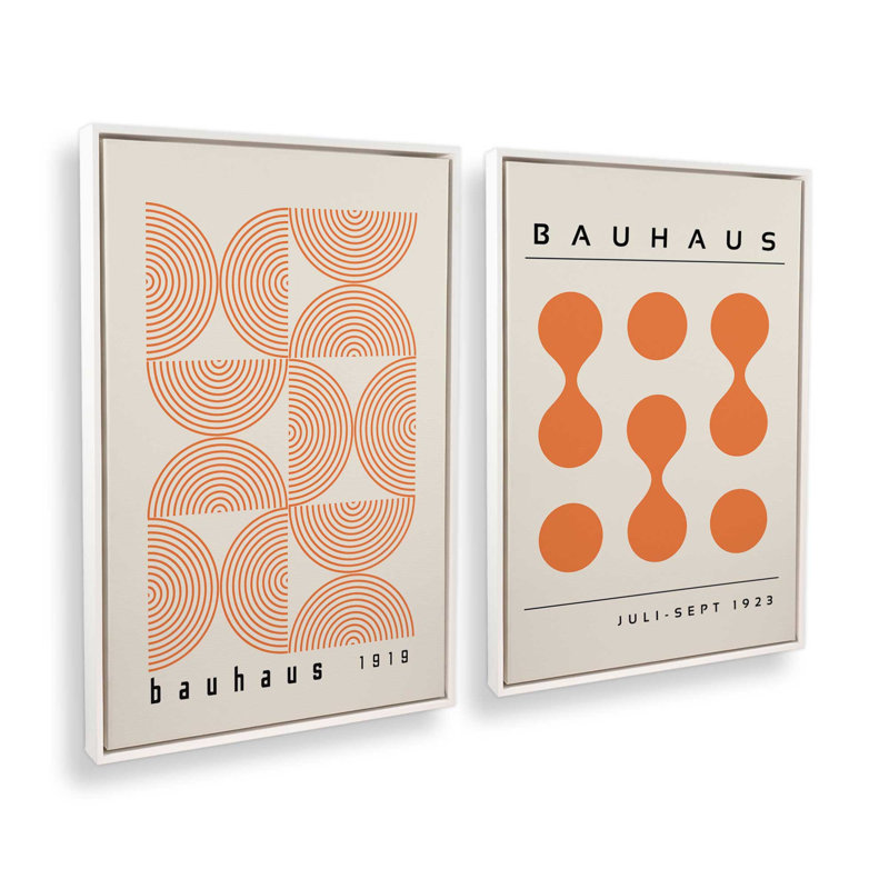 Bauhaus Flow and Composition in Orange Set of 2, 13" H x 18" W, Opaque White Floater Framed