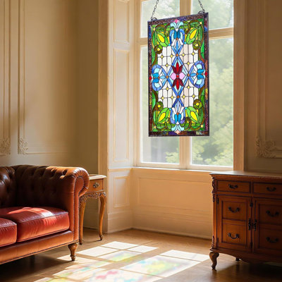 Panneau de vitrail rectangulaire de style Tiffany avec chaîne suspendue, artisanat rétro pour décoration de cuisine