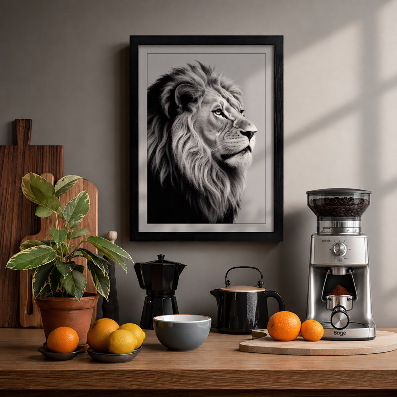 Majestic Lion Modern - Framed Print, Black, A4 - 29.7 x 21.0 cm