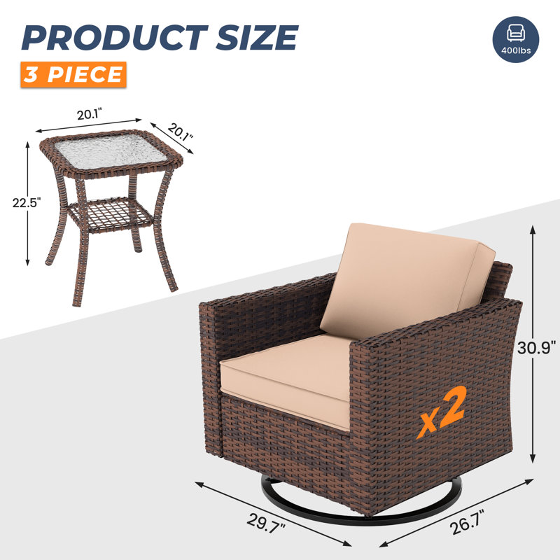  Ensemble 3 pièces d'extérieur en osier avec 2 chaises berçantes pivotantes et table d'appoint avec tablette, Brun