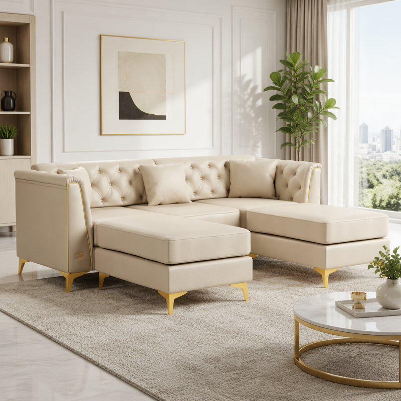 Canapé Chesterfield modulaire 3 places léger avec 2 repose-pieds, similicuir et pieds en métal Light