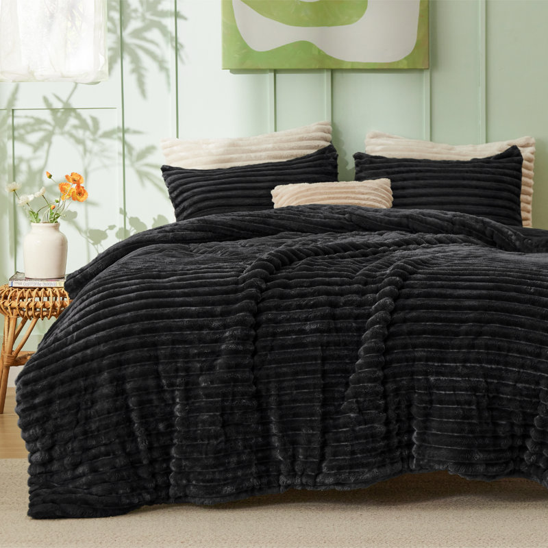 Ensembles d'édredon pour grand lit - 3 pièces de literie en molleton noir moelleux, esthétique rayée confortable pour les chambres modernes et les chambres d'amis, décoration intérieure de luxe toutes saisons