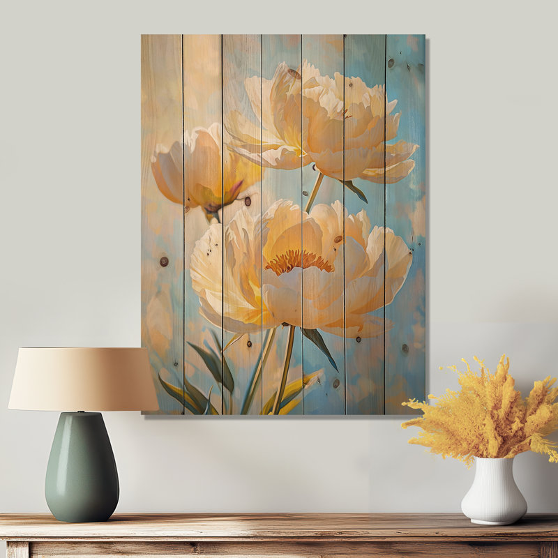 Vintage pivoines crème ensoleillées I - impression de pivoines sur bois de pin naturel, H 32 po x l 24 po x P 0,78 po