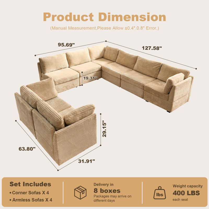 Ensemble de canapé modulaire en velours côtelé en L 8 pièces avec causeuse Hgo, Peluche beige