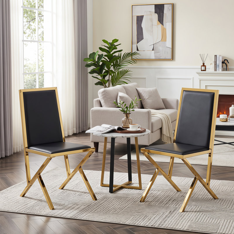 Ensemble de 2 chaises rembourrées en cuir polyuréthane avec structure en métal, 2, Noir, Doré